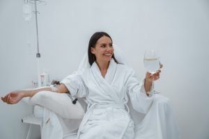 Woman during an IV beauty drip treatment at a clinic in Los Angeles